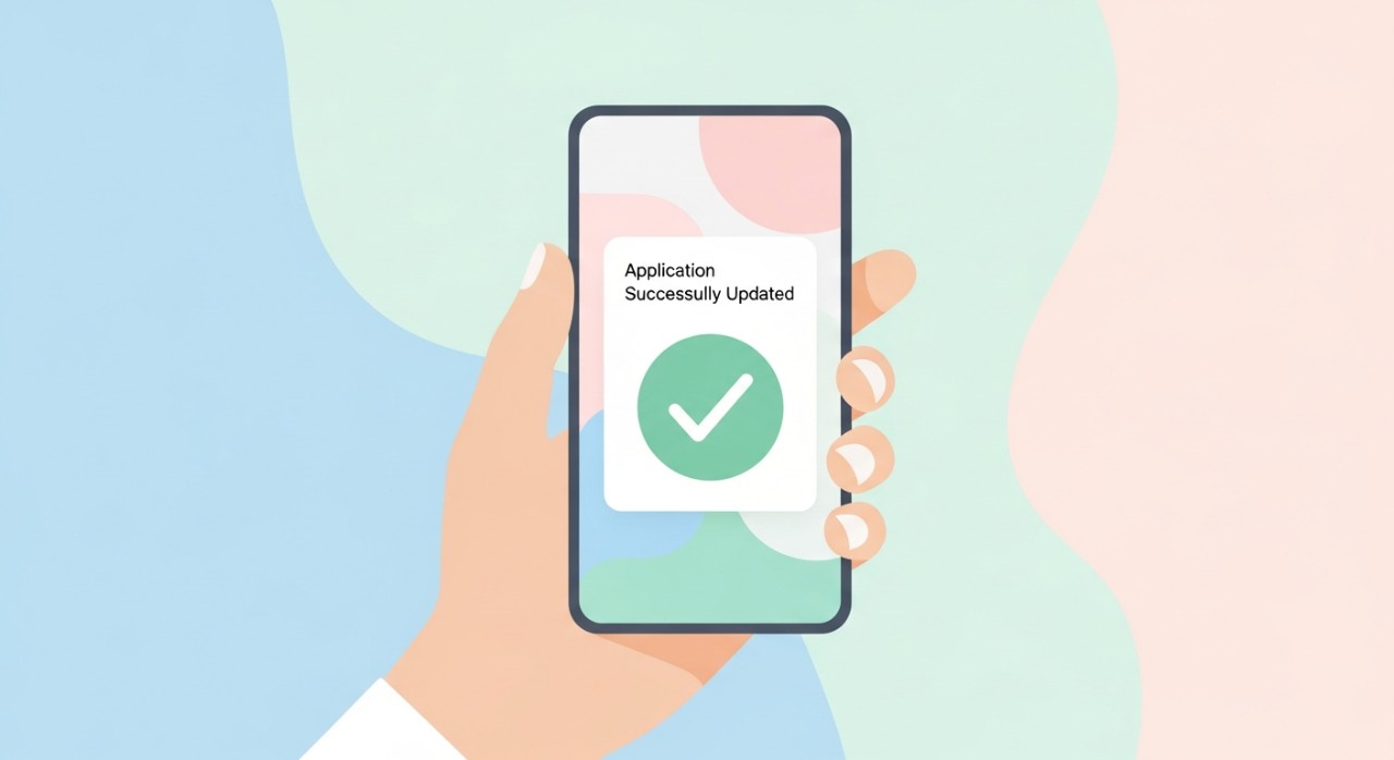 Skrin telefon memaparkan notifikasi 'Permohonan Berjaya Dikemaskini' dengan ikon tanda semak hijau.