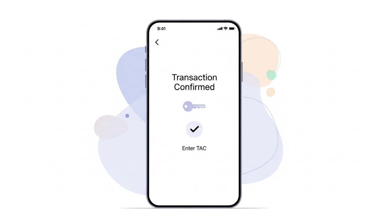 Skrin telefon pintar menunjukkan paparan halaman pengesahan transaksi yang memerlukan Kod Kebenaran Transaksi (TAC) atau pengesahan biometrik.