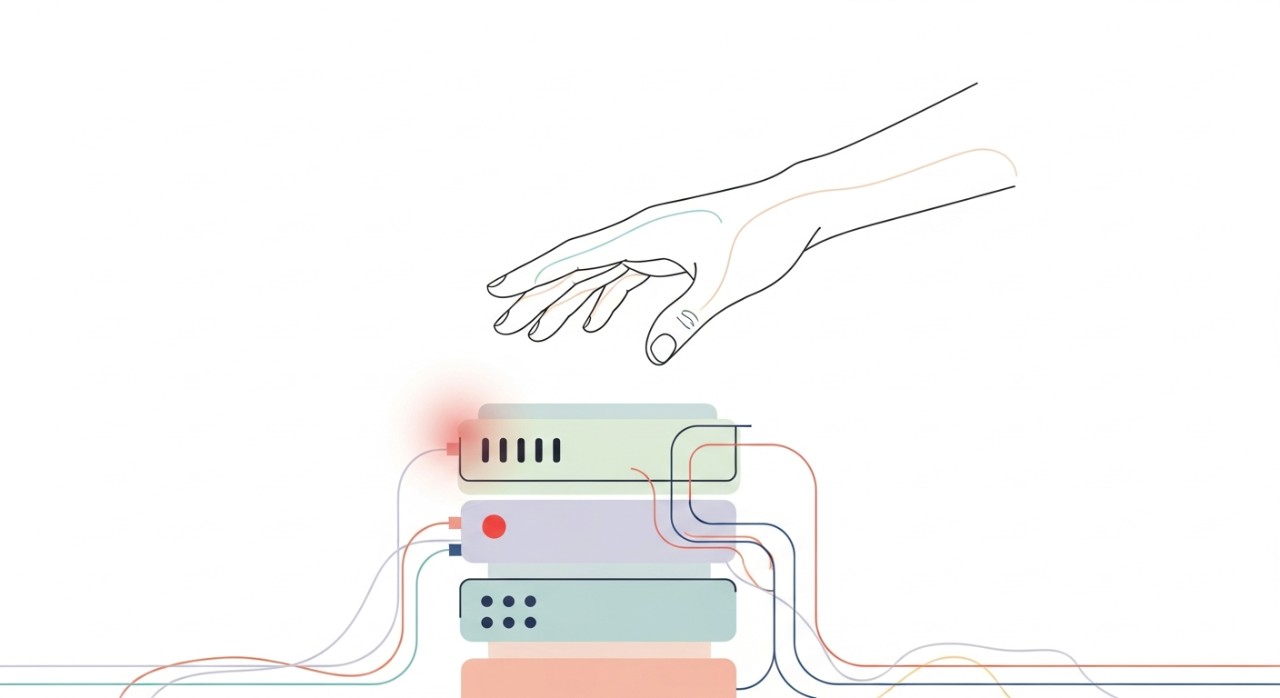 Penyelesaian Terperinci Error Code Semak Baki Pinjaman 1 Tangan sedang memeriksa rak pelayan (server rack) yang menunjukkan lampu amaran merah berkelip, melambangkan masalah teknikal.