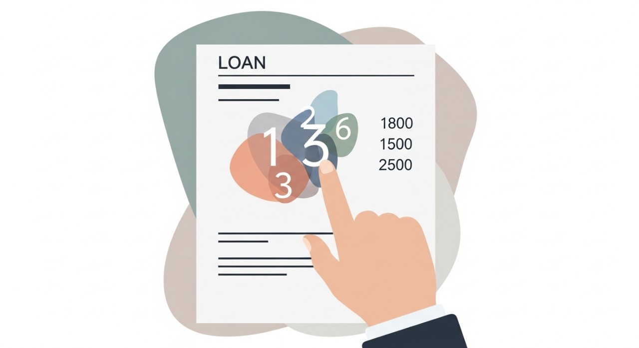 Tangan seseorang sedang menunjuk kepada angka penting pada lembaran penyata kewangan atau dokumen pinjaman.