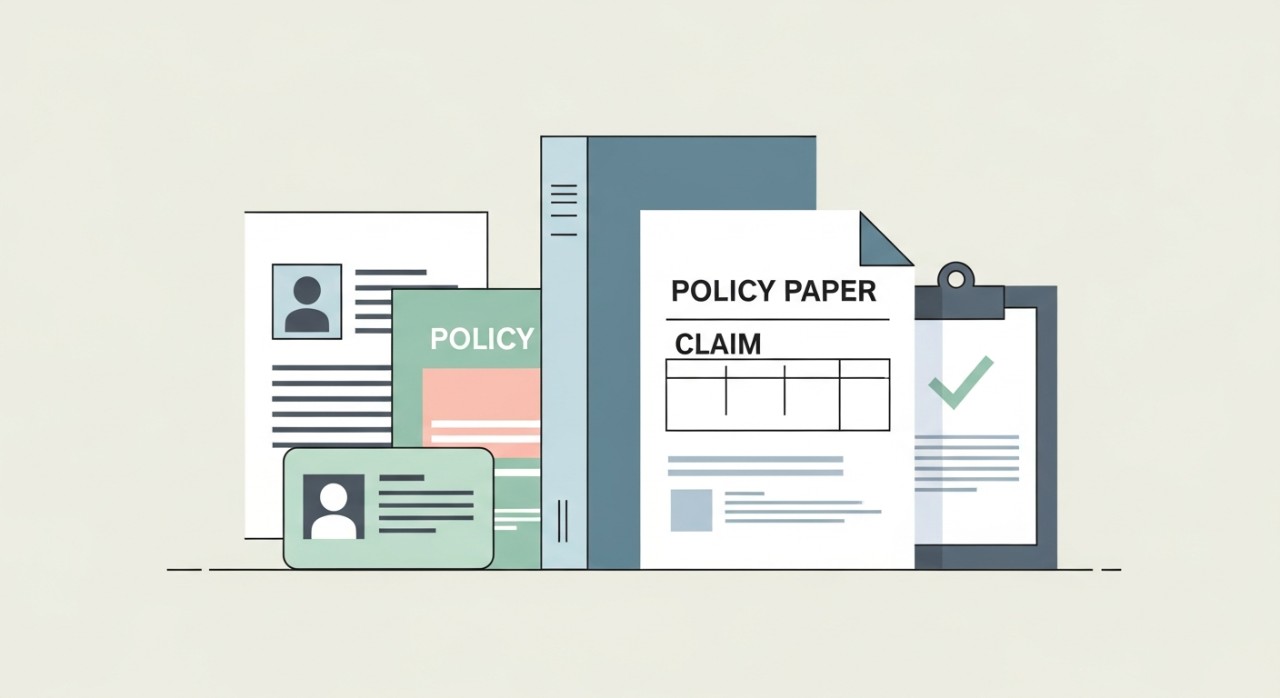 Susunan dokumen-dokumen penting seperti kad pengenalan, polisi insuran, dan borang tuntutan yang diperlukan untuk proses tuntutan.