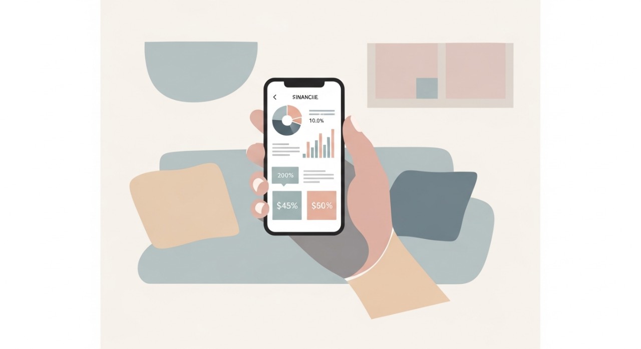 Tangan seseorang memegang telefon pintar untuk menyemak baki semasa di rumah dengan suasana santai.