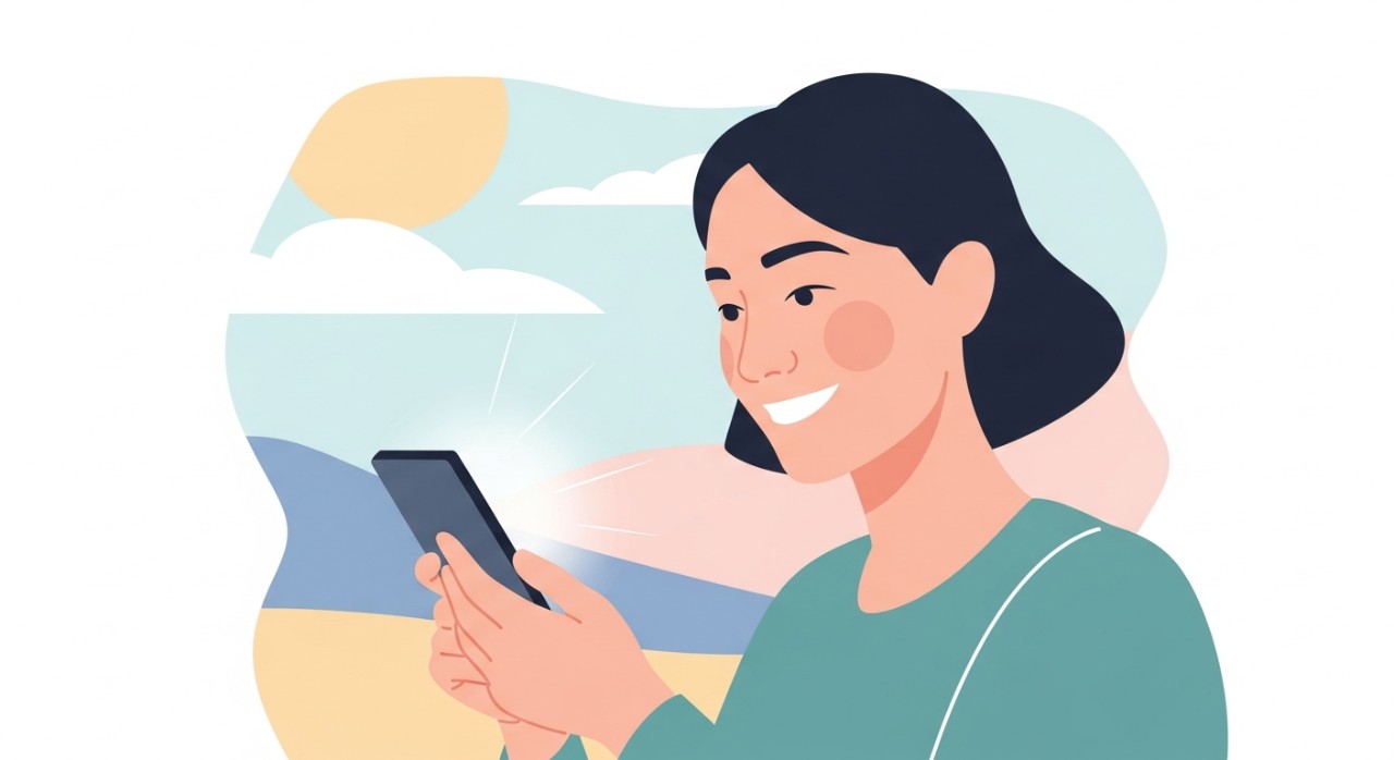 Aplikasi Mudah Alih Semak Baki Terbaik & Terkini 2026 1 Seorang individu tersenyum sambil melihat skrin telefon pintar di luar, menyemak baki akaun mereka.