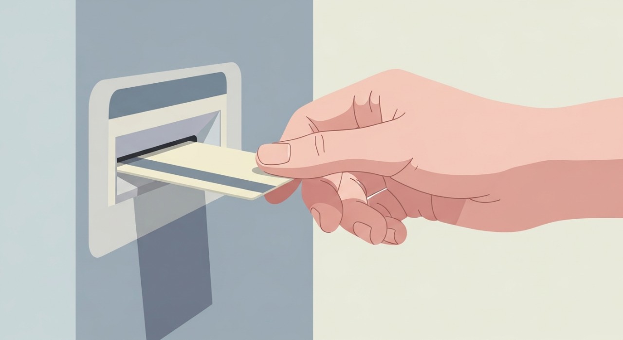 Tangan sedang memasukkan kad bank ke dalam slot mesin ATM untuk melakukan semakan baki.