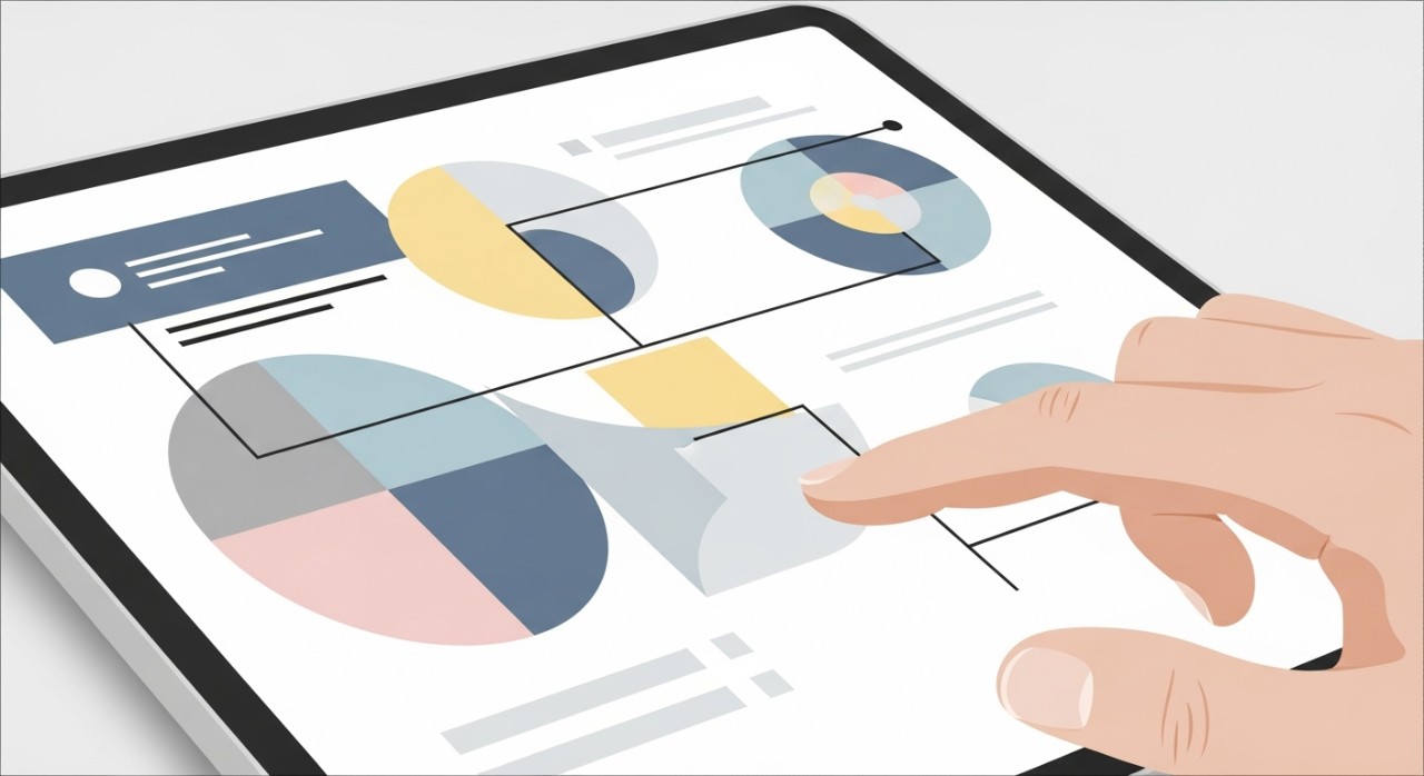 Cara Semak Baki Pinjaman Tanpa Dokumen Paling Mudah 1 Tangan sedang menekan ikon pada skrin tablet yang memaparkan menu semakan baki pinjaman.