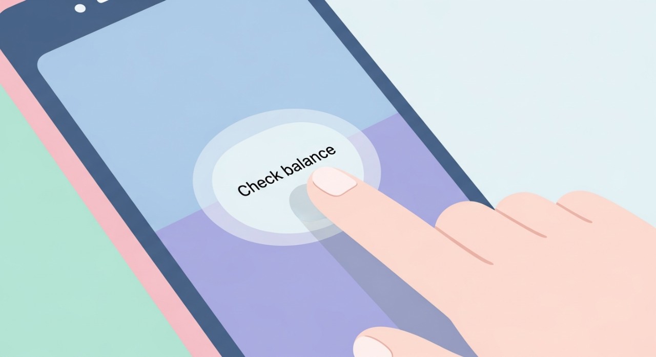 Close-up tangan seseorang sedang menekan butang 'semak baki' pada skrin aplikasi perbankan mudah alih.