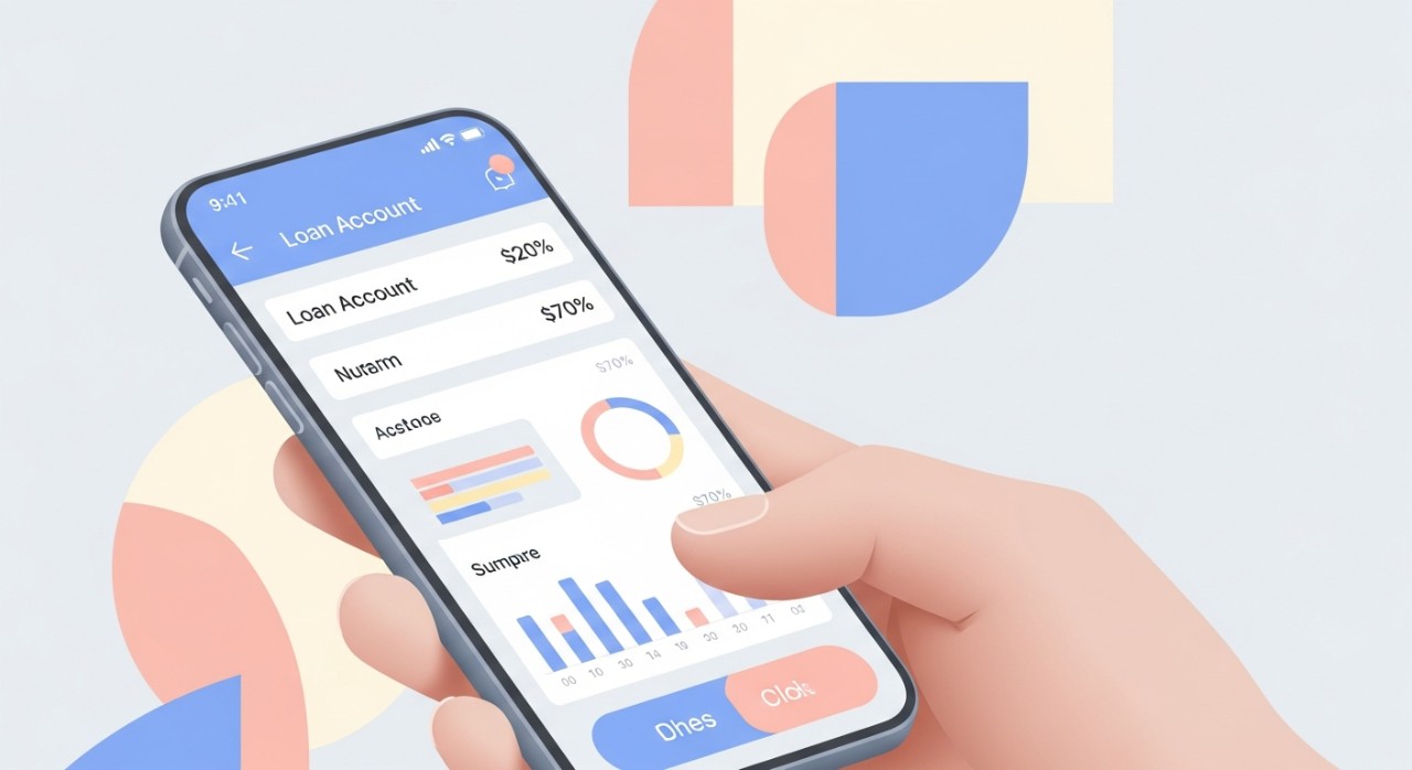 Paparan dekat tangan memegang telefon yang menunjukkan antaramuka semakan baki pinjaman.