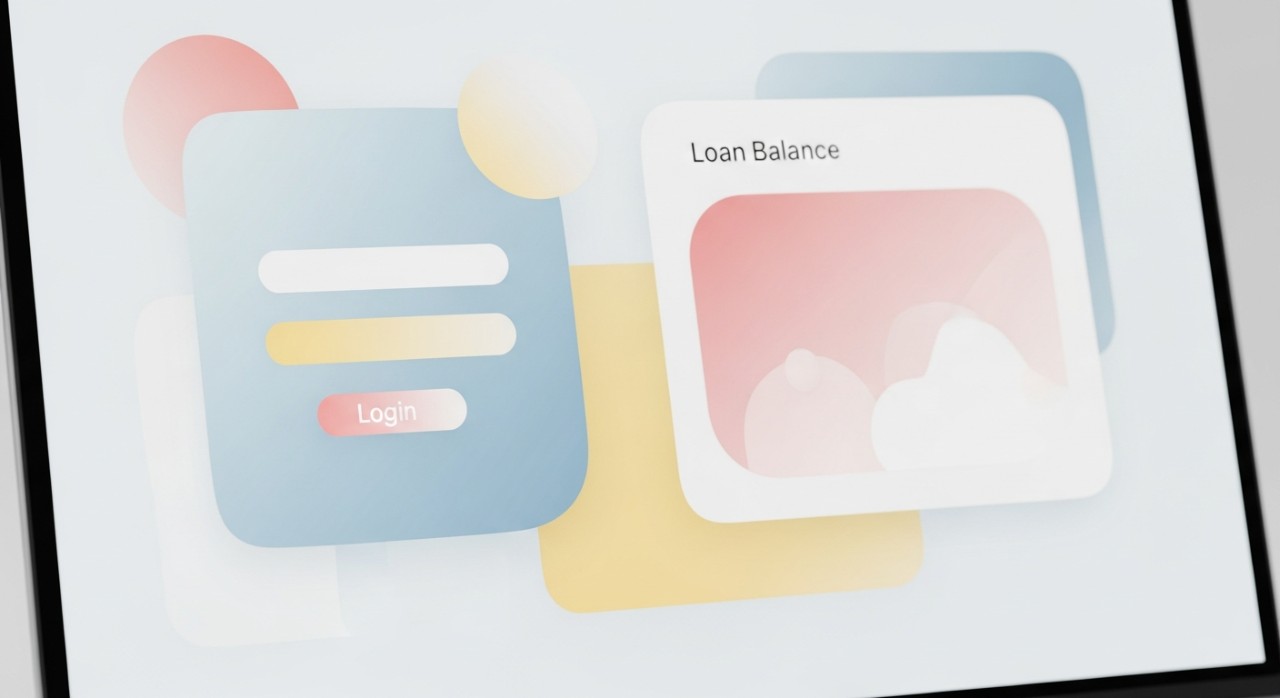 Skrin komputer riba menunjukkan laman web perbankan dengan borang log masuk atau paparan ringkasan baki pinjaman.