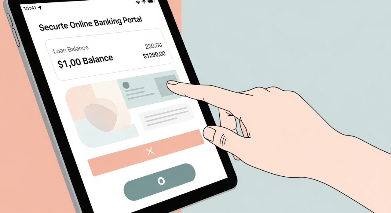Maklumat Diperlukan Semak Baki Pinjaman Untuk Proses Cepat 1 Tangan sedang menekan butang pada skrin tablet yang memaparkan baki pinjaman dalam talian.