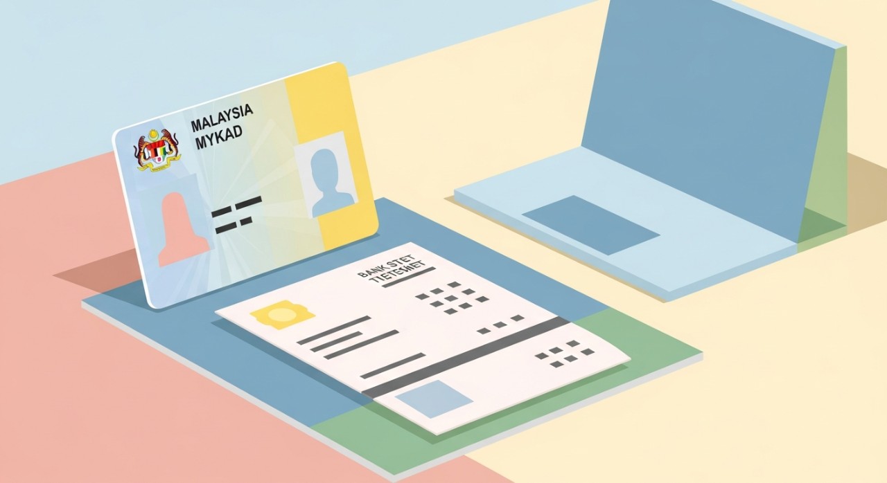 Dokumen pengenalan diri (MyKad) dan penyata bank diletakkan di atas meja di sebelah sebuah komputer riba.