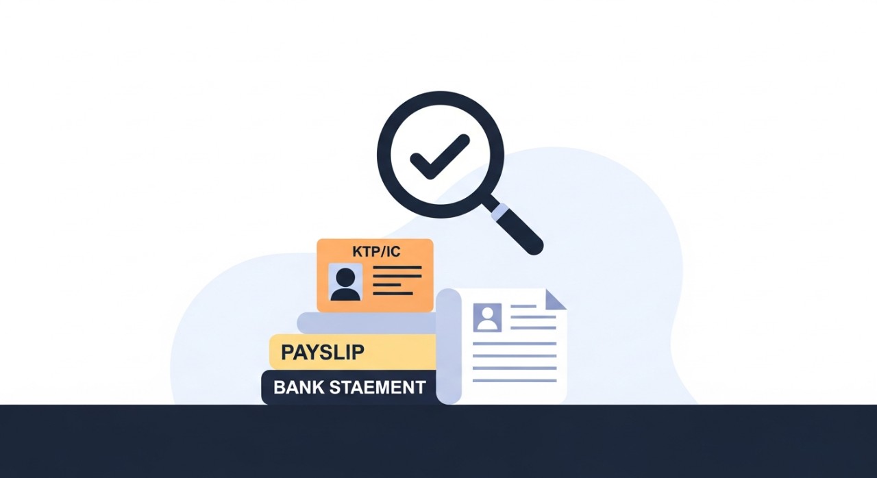 Timbunan dokumen penting seperti kad pengenalan dan slip gaji di atas meja