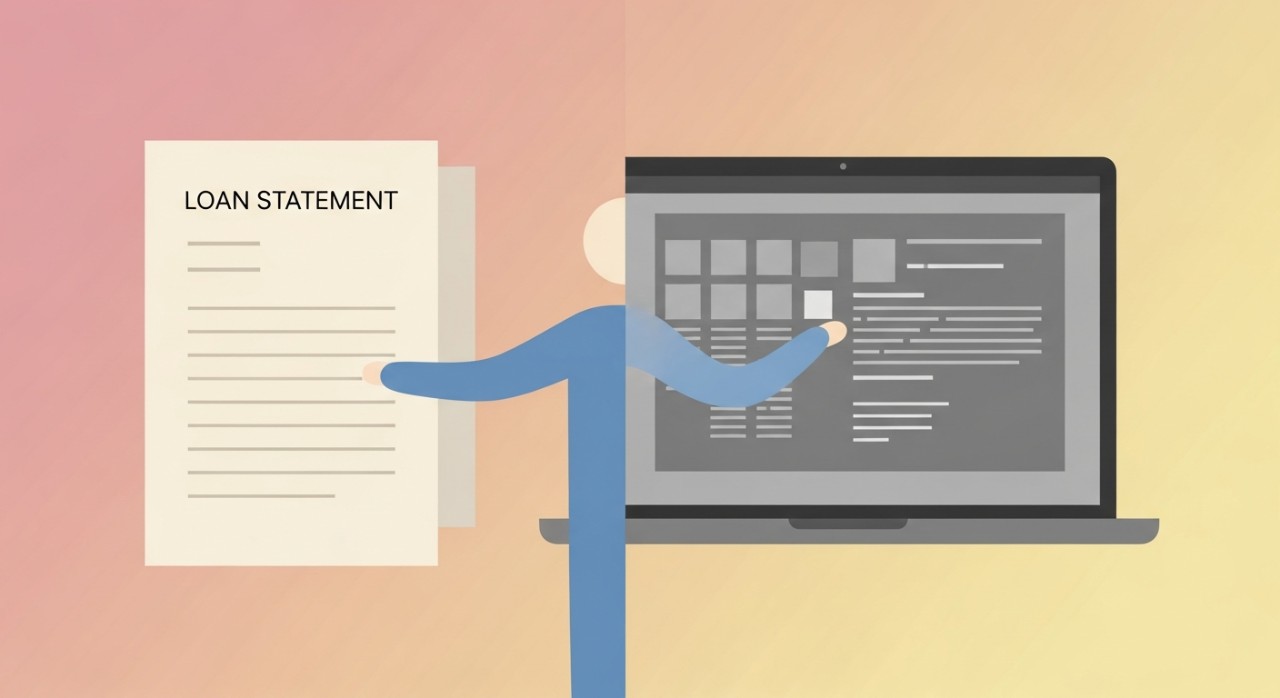 Seseorang sedang membandingkan maklumat pada penyata pinjaman fizikal dengan rekod digital yang dipaparkan pada skrin komputer riba.