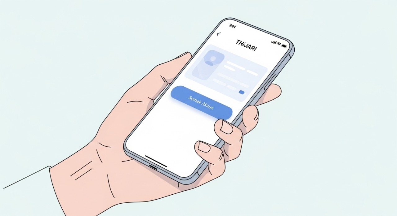 Tangan sedang memegang telefon dan menekan butang semak di aplikasi THiJARI.