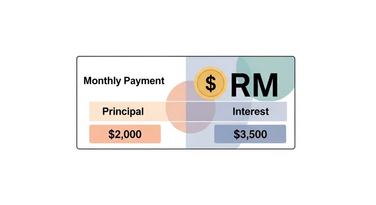 Cara Pengiraan Bayaran Bulanan Pinjaman Perumahan 1 Carta atau paparan skrin yang jelas menunjukkan pecahan bayaran bulanan pinjaman rumah antara prinsipal dan faedah.