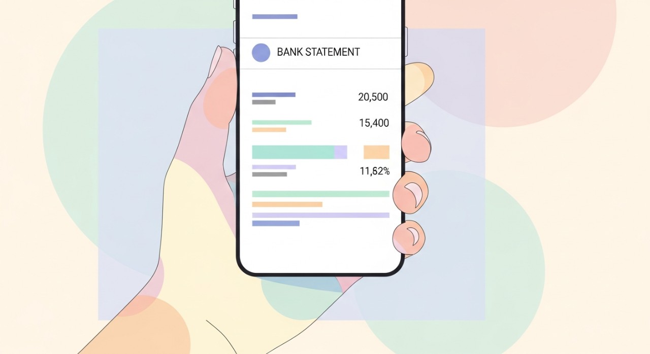 Cara Hantar Emel Mohon Penyata Baki Profesional dan Cepat 1 Tangan seseorang memegang telefon pintar yang memaparkan penyata baki akaun bank di skrin.