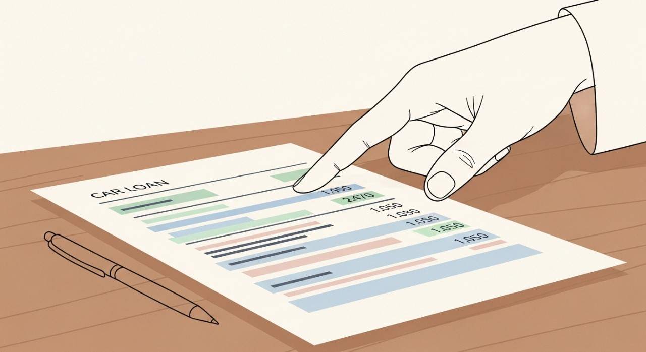 Panduan Lengkap: Kenapa Baki Pinjaman Kereta Tidak Tepat? 1 Tangan seseorang sedang menunjuk kepada angka pada dokumen penyata pinjaman kereta di atas meja.