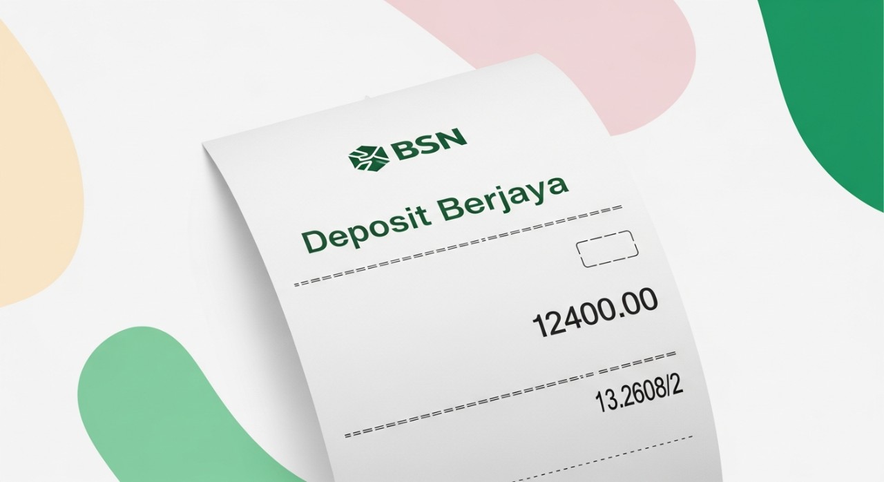 Pandangan dekat pada resit transaksi yang dicetak dari mesin CDM BSN, menunjukkan status deposit wang tunai berjaya.