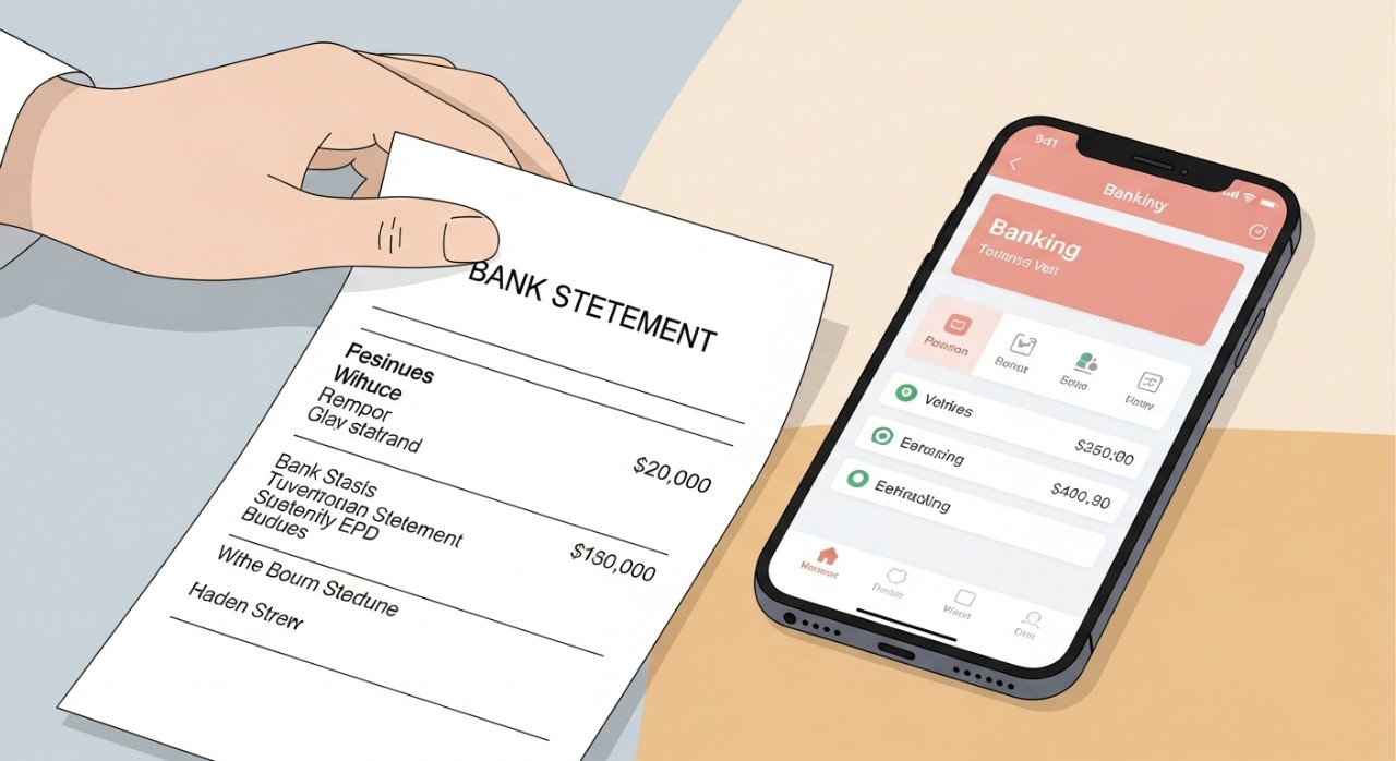 Tangan seseorang sedang memegang penyata bank sambil membandingkan data akaun pinjaman di telefon pintar.