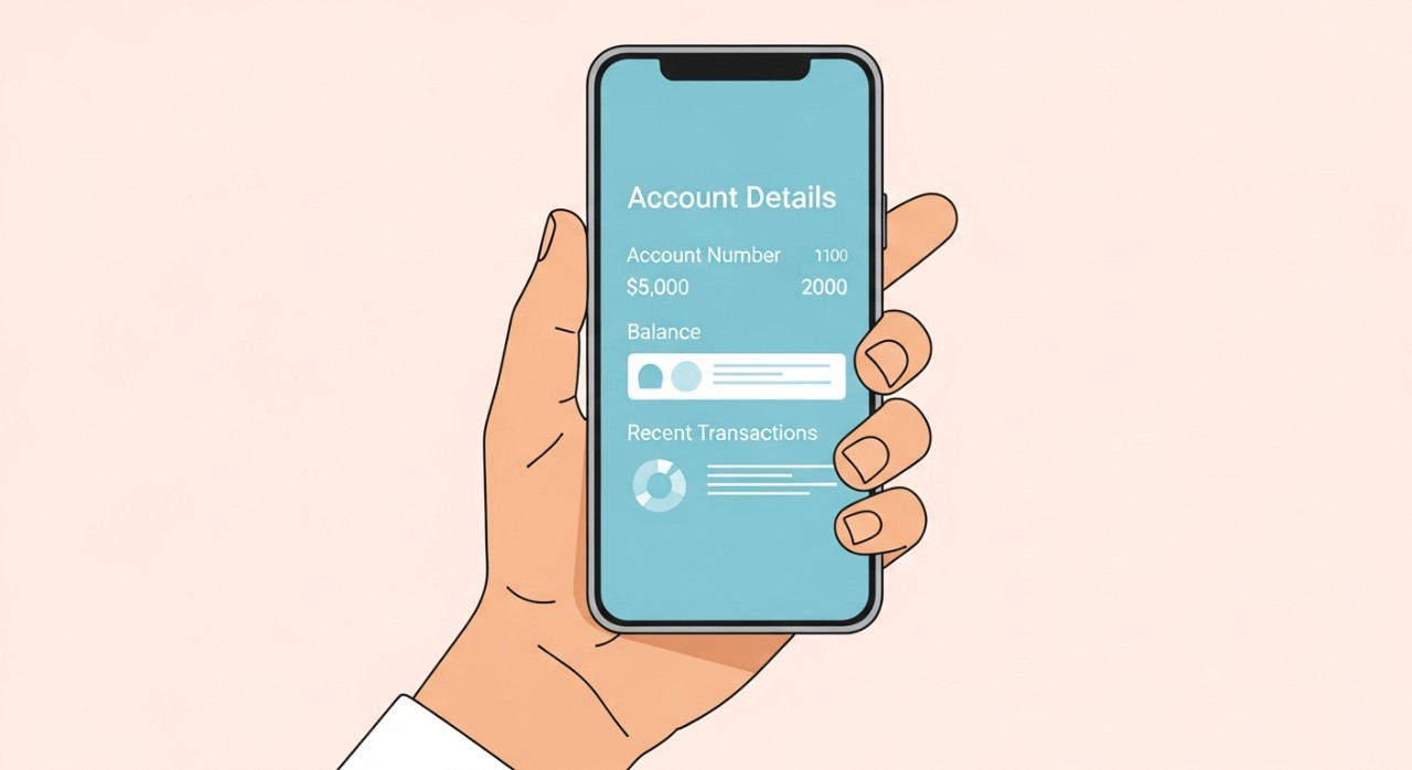 Sebuah tangan memegang telefon bimbit yang memaparkan laman utama perbankan atas talian Bank Islam.
