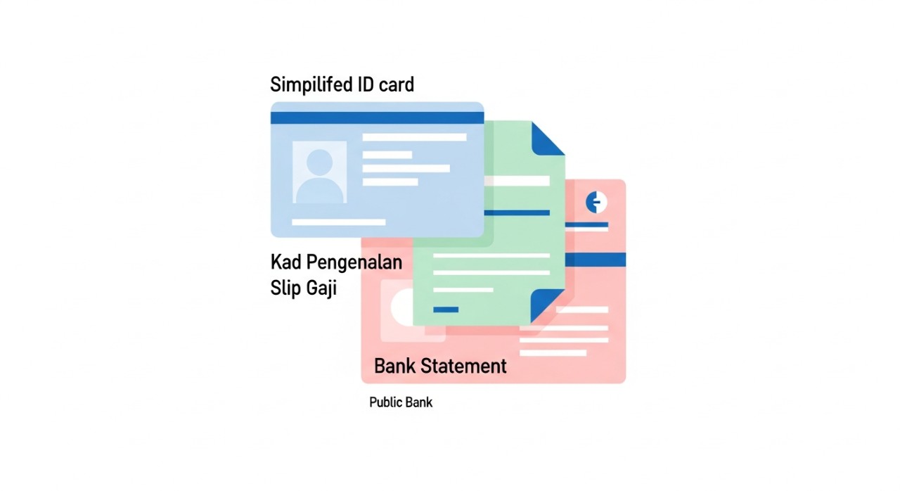 Susunan kemas dokumen penting seperti kad pengenalan dan slip gaji, sedia untuk dihantar.