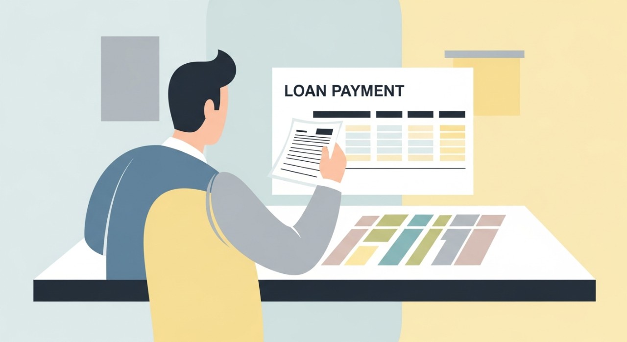 Jadual Pinjaman Tawarruq 2026: Panduan Lengkap 1 Seorang lelaki sedang meneliti jadual pembayaran pinjaman yang terpampang di atas meja.