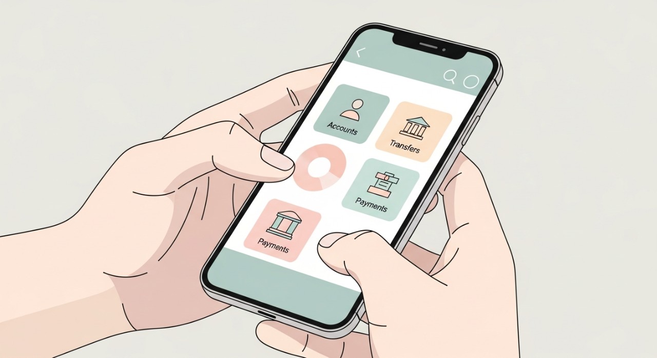 Tangan memegang telefon bimbit, fokus pada aplikasi perbankan yang menunjukkan butiran pinjaman.