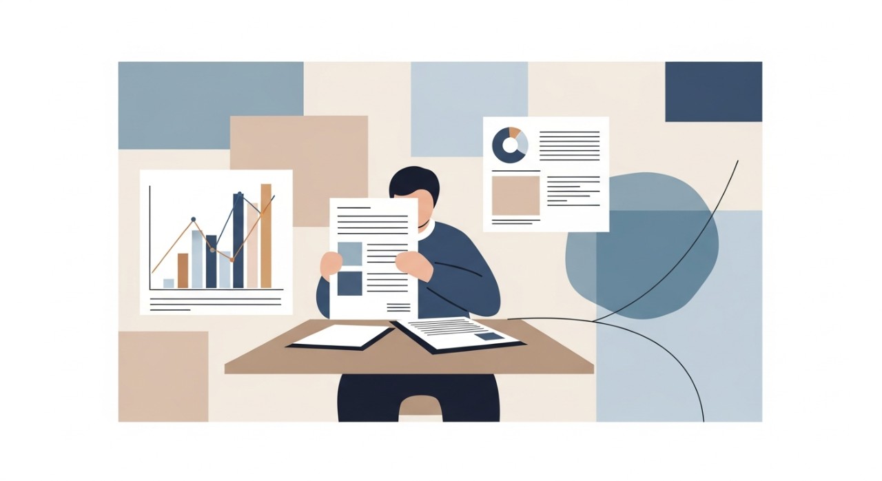 Seorang individu sedang meneliti dokumen-dokumen berkaitan pinjaman berlandaskan syariah.