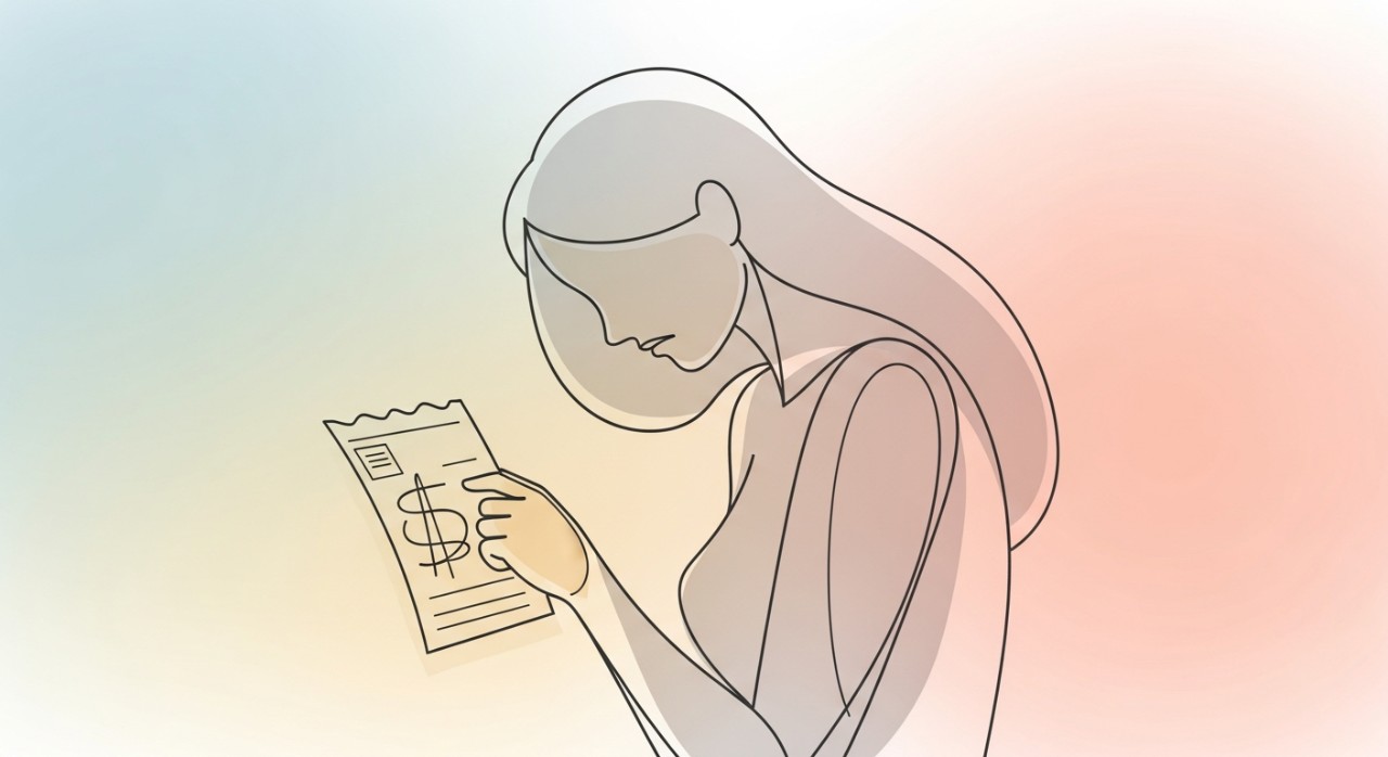 Seorang wanita memegang resit atau bil yang menunjukkan jumlah bayaran tertunggak sambil menunjukkan ekspresi risau dan tekanan.