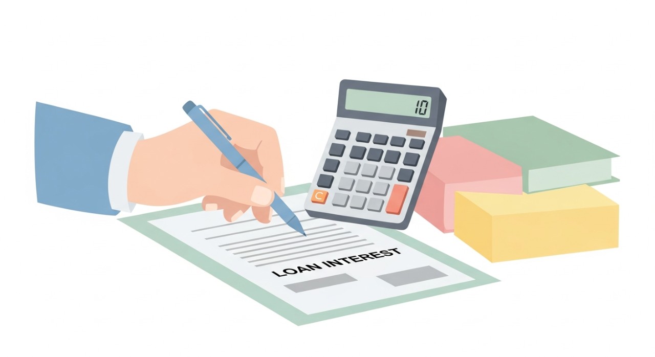 Memahami Jadual Pinjaman Kadar Faedah Berkesan 2026 1 Seseorang sedang menggunakan kalkulator dan pen untuk mengira faedah pinjaman di atas dokumen.