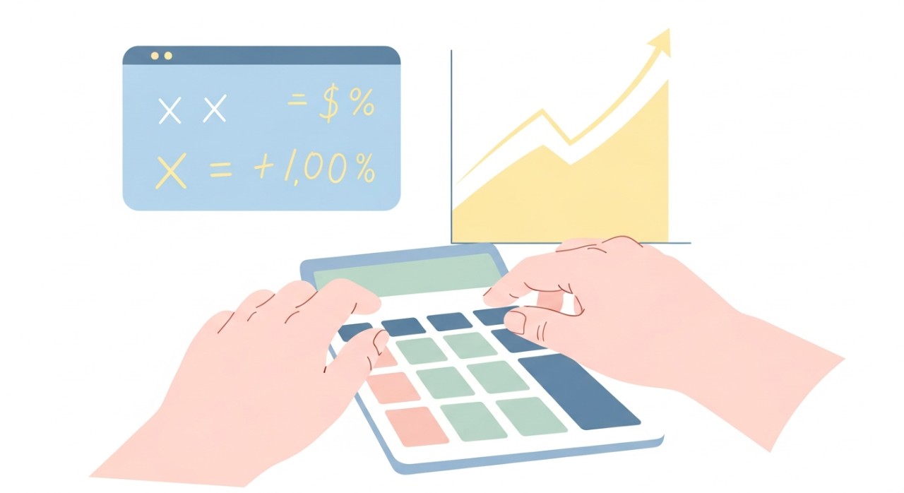 Tangan seseorang sedang menggunakan kalkulator untuk mengira kesan kadar faedah.