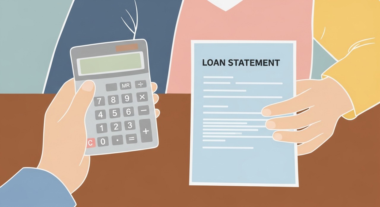 Panduan Semak Baki Pinjaman Koperasi Paling Efektif 2026 1 Tangan yang sedang memegang kalkulator di atas meja bersama dokumen penyata pinjaman koperasi.