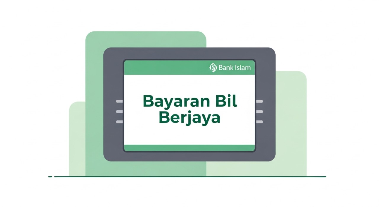 Paparan skrin ATM Bank Islam menunjukkan transaksi pembayaran bil berjaya.