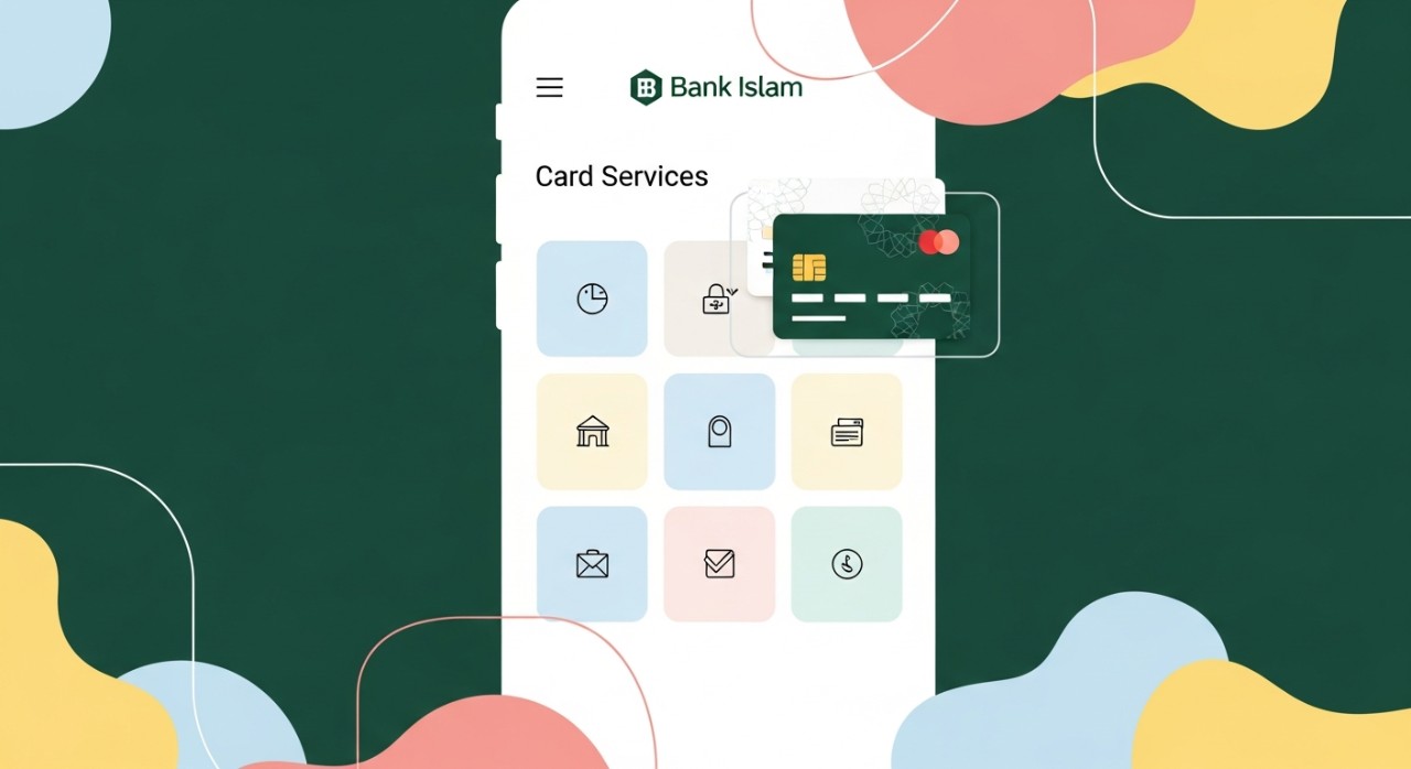 Paparan skrin telefon pintar menunjukkan menu perkhidmatan kad Bank Islam.