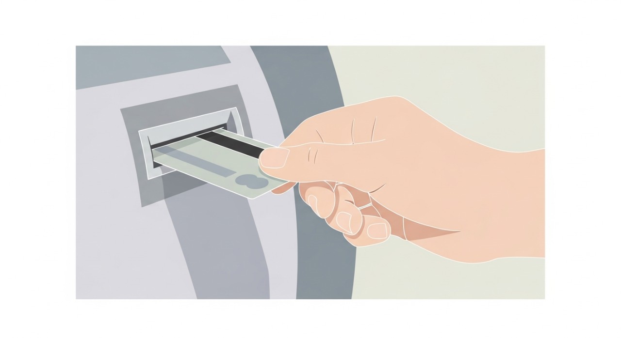 Senarai Bank Yang Sokong Semak Baki ATM dan Caj Terkini 1 Tangan seseorang sedang memasukkan kad debit atau kredit ke dalam slot mesin ATM.