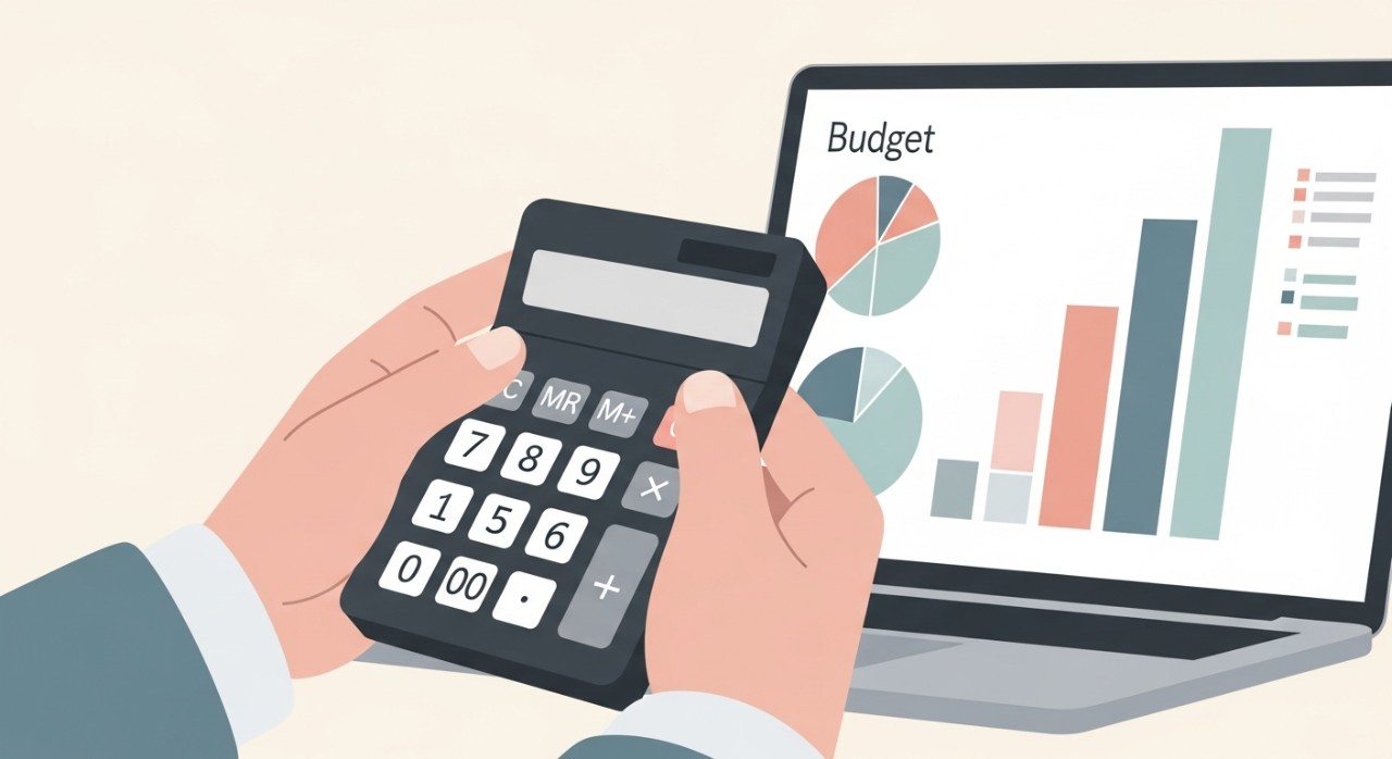 Cara Pembahagian Duit Gaji Paling Efektif dan Bijak 1 Tangan seseorang sedang memegang kalkulator di hadapan skrin komputer riba yang menunjukkan carta perbelanjaan kewangan.