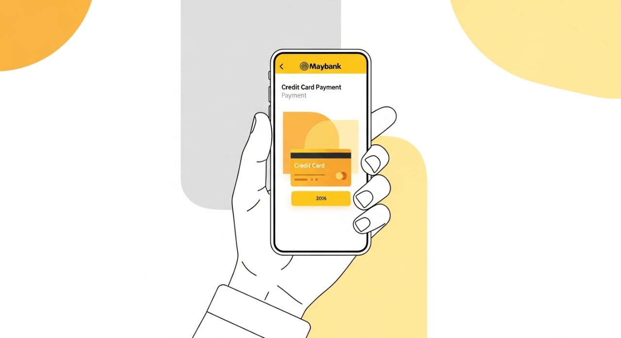 Tangan sedang memegang telefon pintar yang memaparkan menu pembayaran kad kredit dalam aplikasi perbankan Maybank.