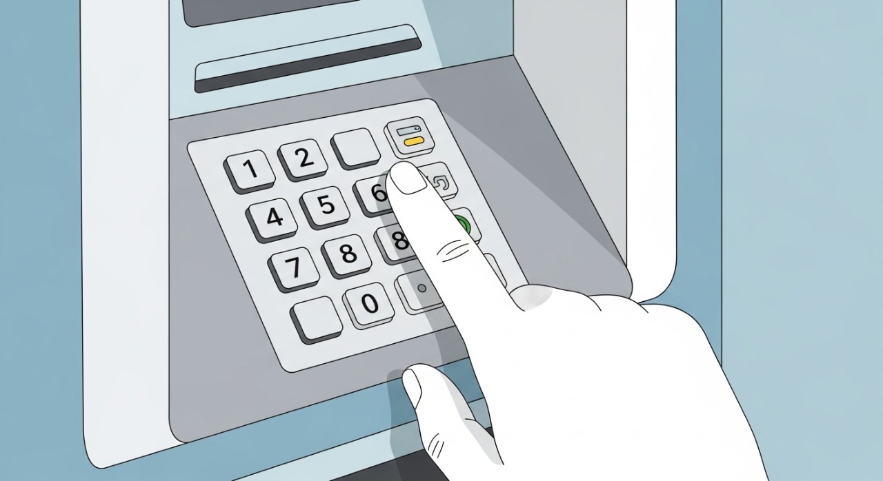 Jari sedang menekan pad kekunci ATM untuk menukar nombor PIN kad debit yang baru.