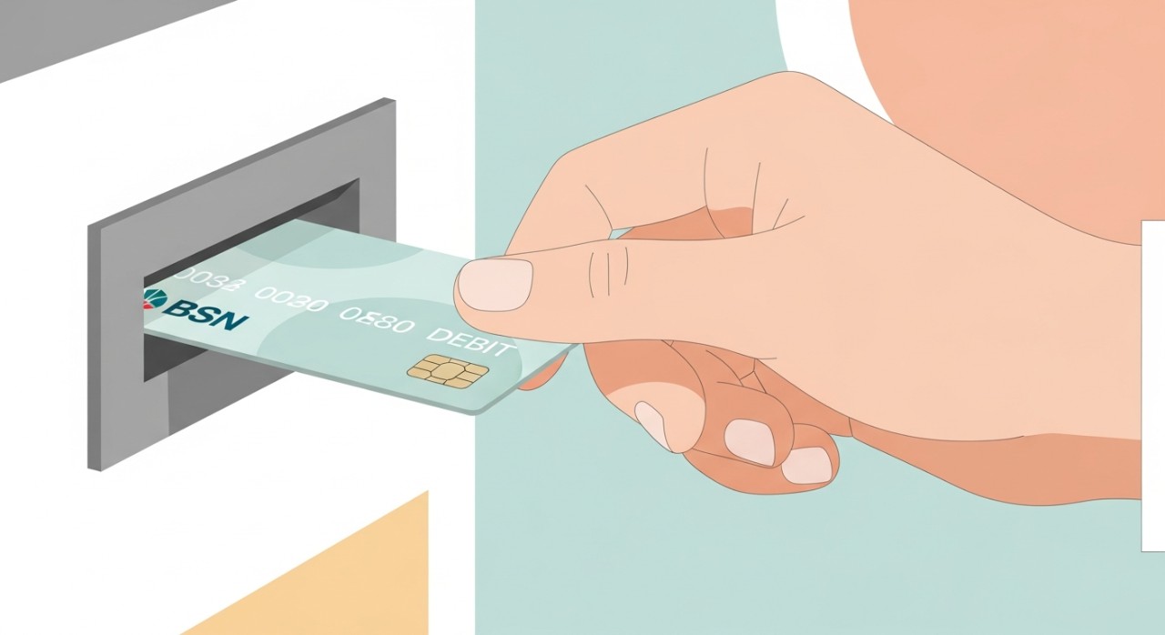 Panduan Cara Aktifkan Kad Debit BSN Baru (Mudah & Pantas) 1 Tangan memasukkan kad debit BSN ke dalam slot mesin ATM.