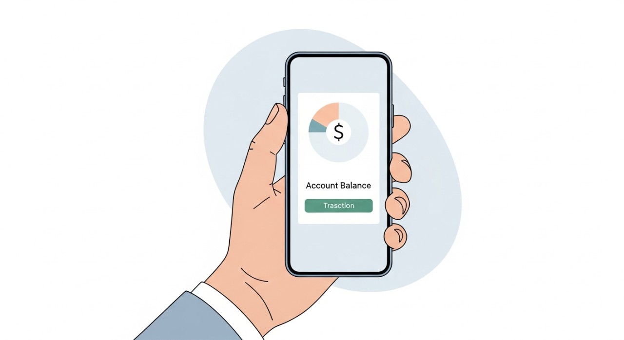 Panduan Lengkap Cara Link Tabung Haji dengan Bank Rakyat 1 Tangan sedang memegang telefon pintar yang menunjukkan skrin aplikasi perbankan dengan baki akaun dan pilihan transaksi.
