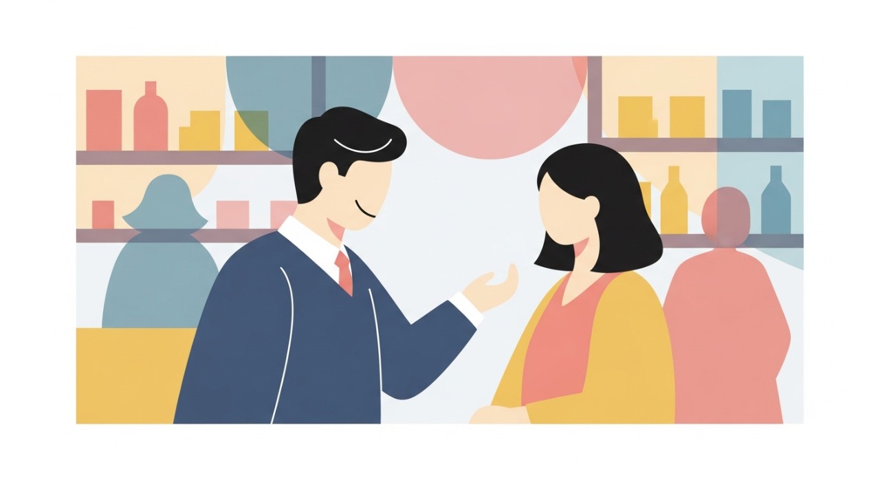 Pemilik kedai kecil sedang tersenyum berinteraksi dengan pelanggan di premis perniagaannya yang sibuk.