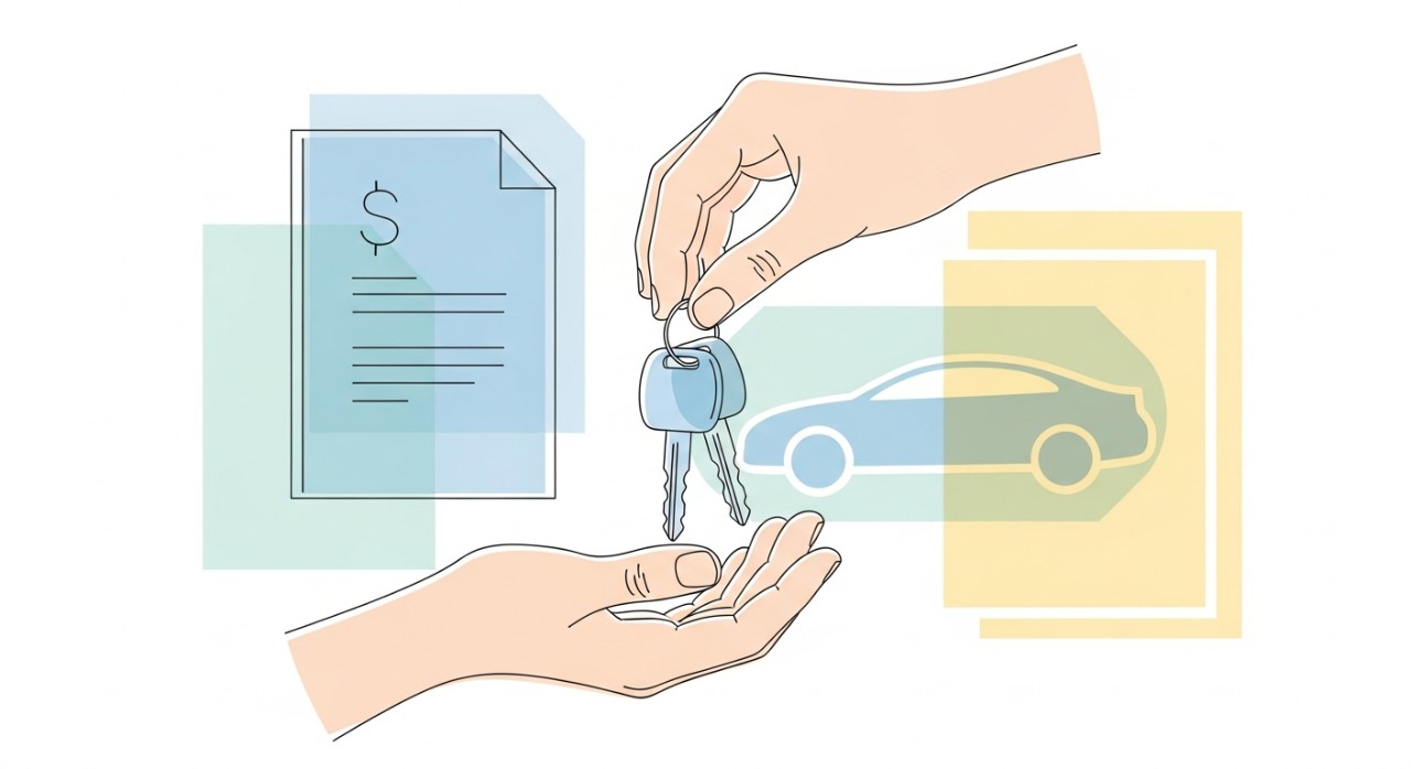 Tangan memegang kunci kereta dengan latar belakang dokumen pinjaman yang ringkas.
