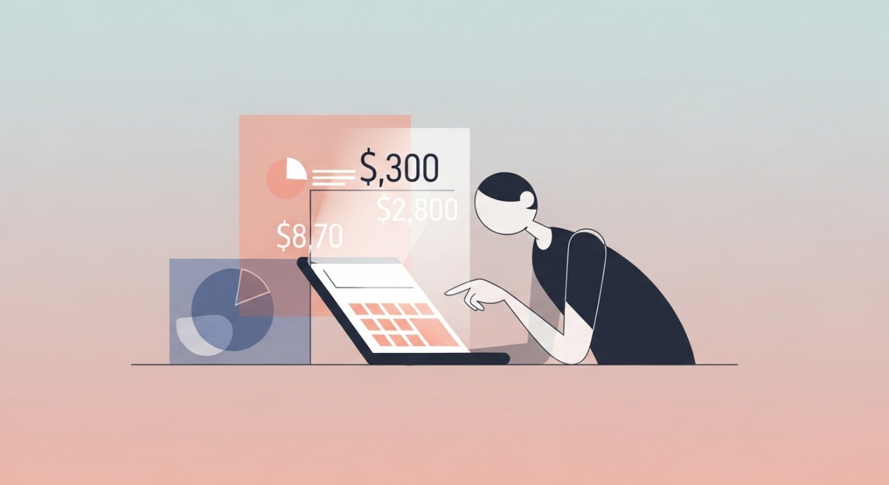 Seseorang sedang mengira atau menyemak butiran pembayaran pinjaman kenderaan menggunakan kalkulator.