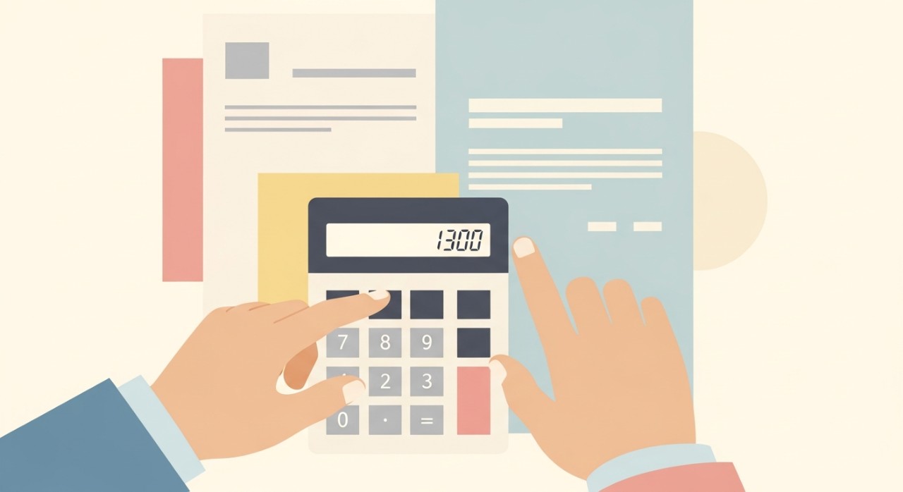 Tangan sedang menggunakan kalkulator dengan dokumen pinjaman motosikal di latar belakang.