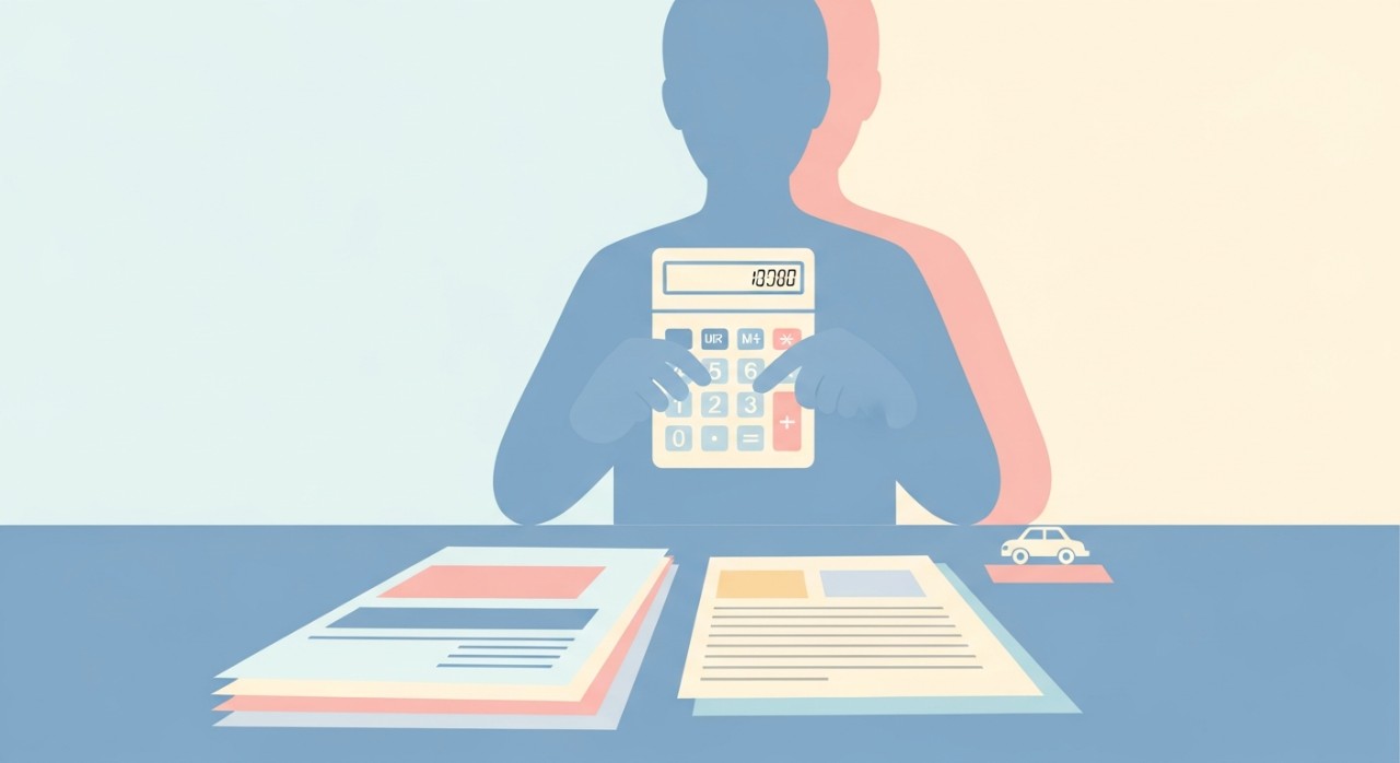 Seseorang sedang mengira kadar faedah untuk pinjaman kenderaan menggunakan kalkulator dan dokumen.