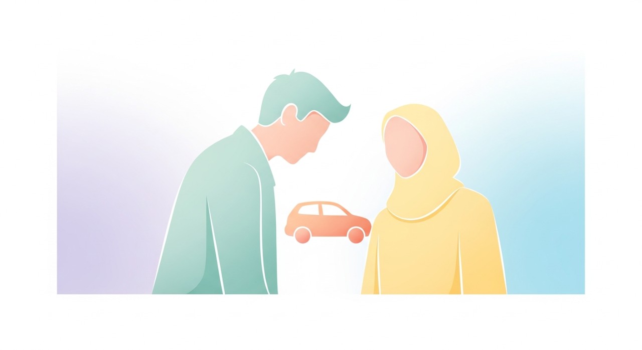 Seorang individu sedang berinteraksi dengan pegawai bank mengenai permohonan pinjaman kenderaan patuh syariah.