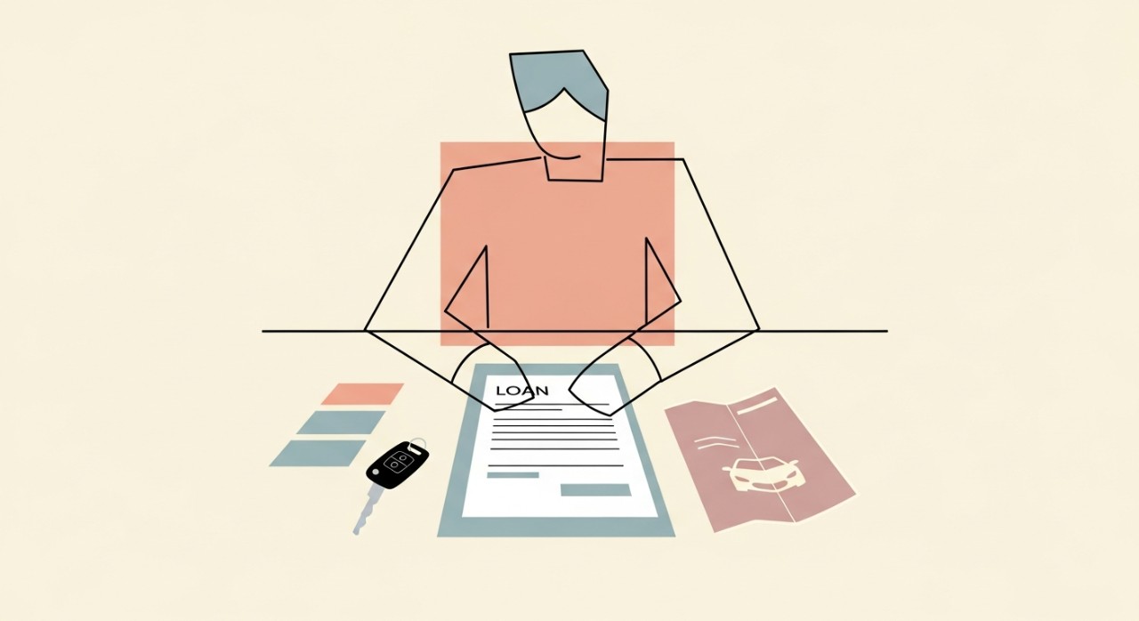 Seseorang sedang meneliti dokumen permohonan pinjaman kereta terpakai.