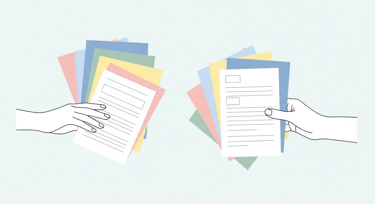 Tangan sedang memegang borang dan dokumen yang berkaitan dengan permohonan pinjaman kenderaan untuk perniagaan.