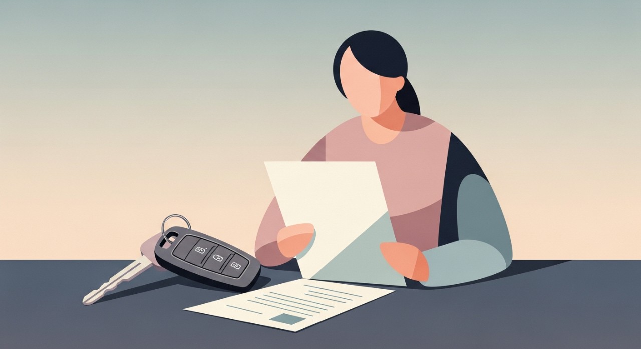 Seorang individu sedang meneliti jadual pembayaran pinjaman kenderaan di atas meja.