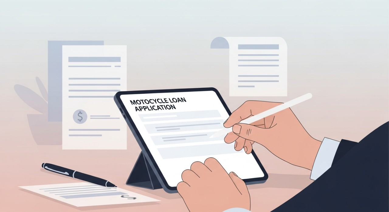 Seorang individu sedang mengisi borang permohonan pinjaman motosikal.