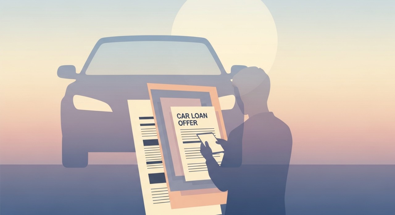 Seorang individu sedang meneliti dokumen tawaran pinjaman kereta di hadapan sebuah kereta.